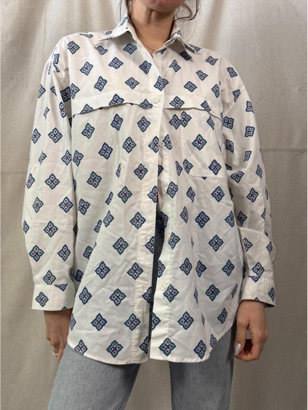 Vintage White Geometric Print Button-Up Shirt